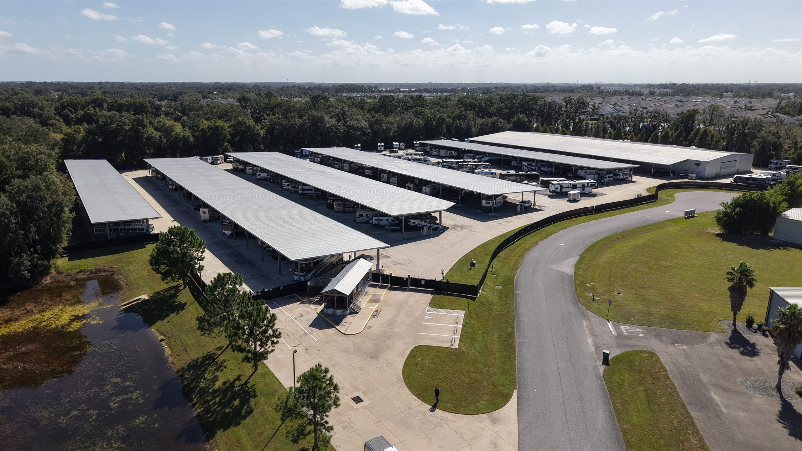 Self storage drone photography of a covered RV and boat storage facility in Central Florida